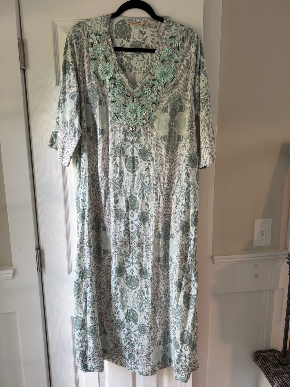 Soft Surroundings Amirah Beaded Caftan Maxi Dress PXL Aqua Luxury Resort Boho EC